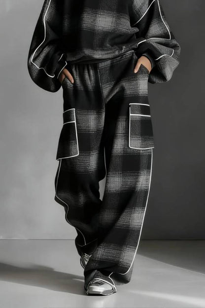 Black and Gray Plaid Color-blocked Sweatshirt and Casual Pants Two-piece set