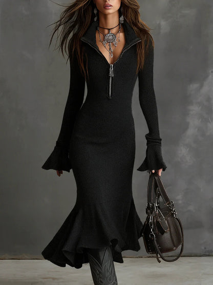Grey Zipper Neck Bell Sleeve Knit Midi Dress