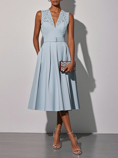 Light Blue Lace V Neck Sleeveless A-Line Midi Dress