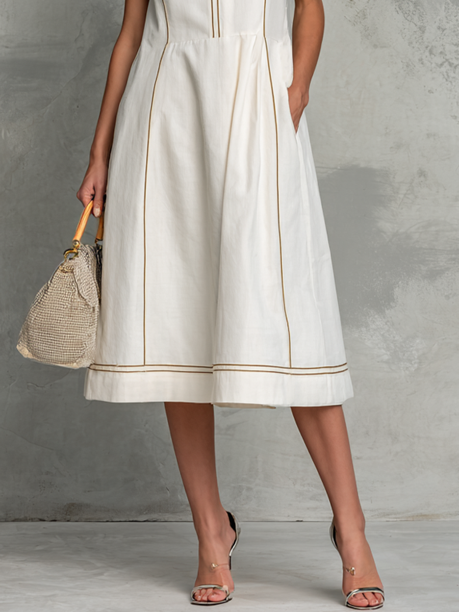 Women's Simple White Cotton Linen Sleeveless A-Line Midi Dress With Contrasting Stitching MDZ2487D7GMJ
