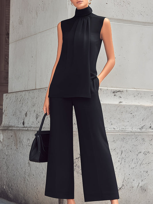 High Neck Pleated Front Sleeveless Top And Wide-Leg Pants Set