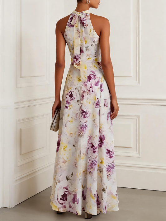 Light Purple Floral Chiffon Halter Sleeveless A-Line Maxi Dress