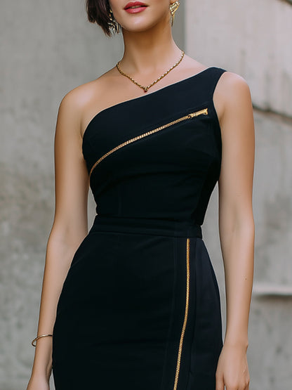 One-Shoulder Zip-Detail Structured Midi Dress