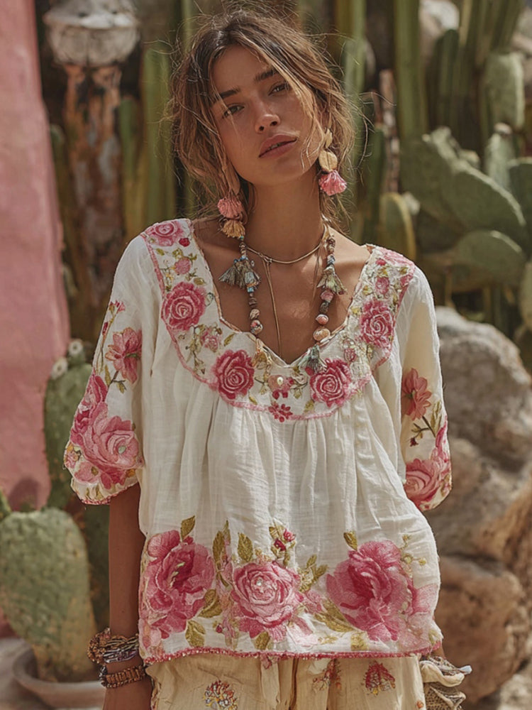 Women's Vintage Floral Art Embroidery Linen T-shirt c29a