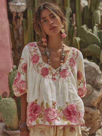 Women's Vintage Floral Art Embroidery Linen T-shirt c29a
