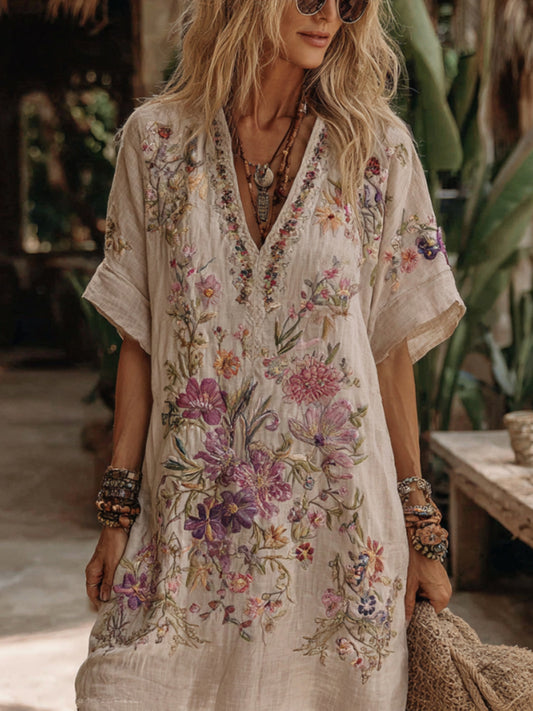 Women's Floral Embroidery Art V Neck Comfy Midi Dress 8ed0
