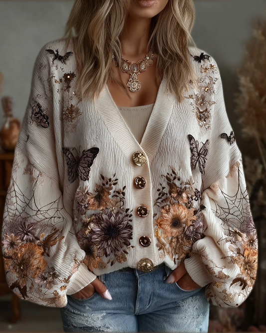 Women's floral and butterfly embroidered knitted cardigan 9eee