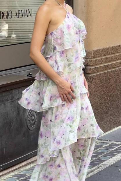 Halter Floral Print Tiered Chiffon Maxi Dress