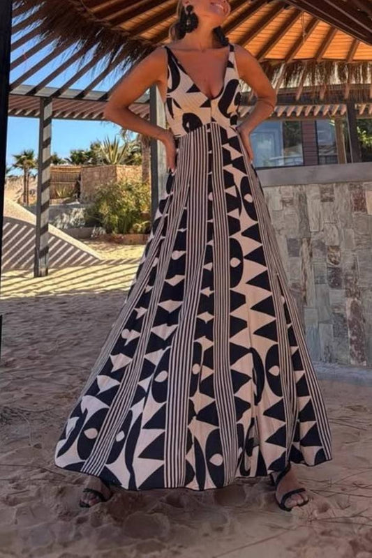 Geometric Print Deep V-Neck Strappy Maxi Dress