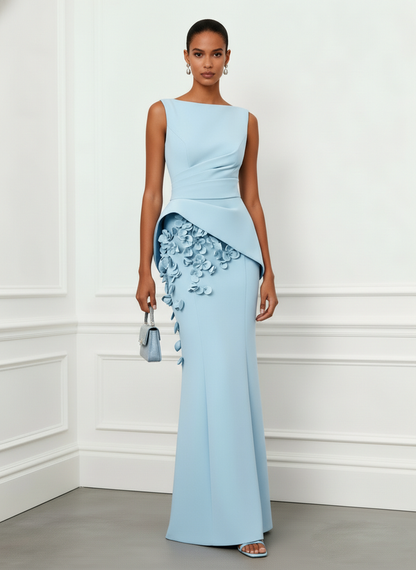Light Blue 3D Floral Classic Boat Neck Sleeveless Sheath Gown Dress