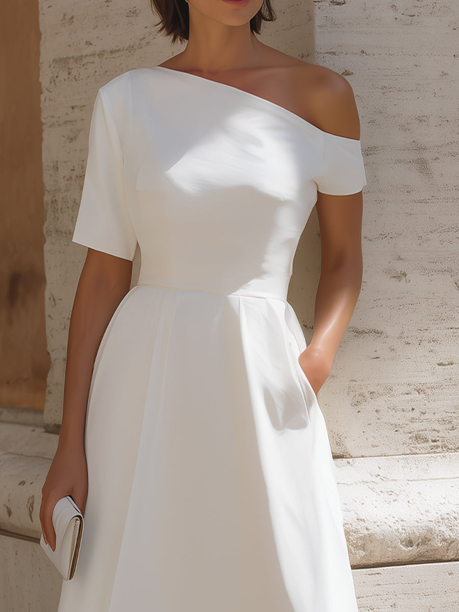 Asymmetric One-Shoulder Short-Sleeve Fit-and-Flare Midi Dress