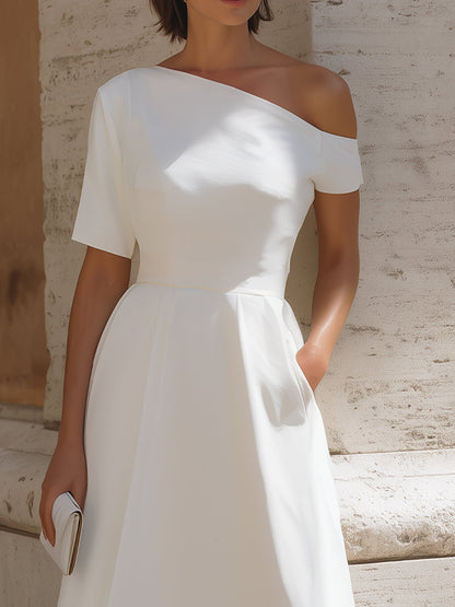 Asymmetric One-Shoulder Short-Sleeve Fit-and-Flare Midi Dress