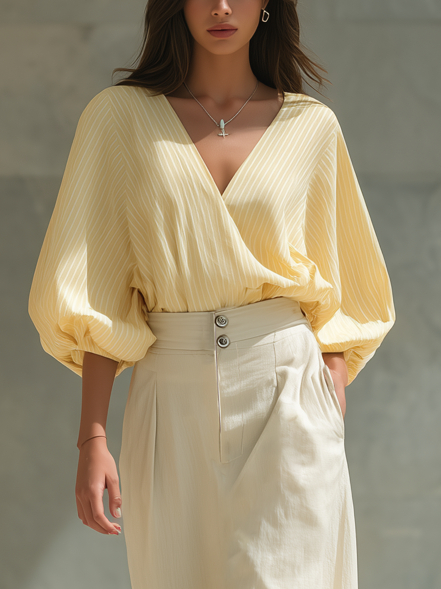 Women’s Yellow Striped Wrap Blouse & Beige High-Waisted Linen Maxi Skirt With Slit Two-Piece Set MDZ2528D2T