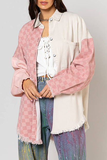 Check Panel Fringe Denim Jacket