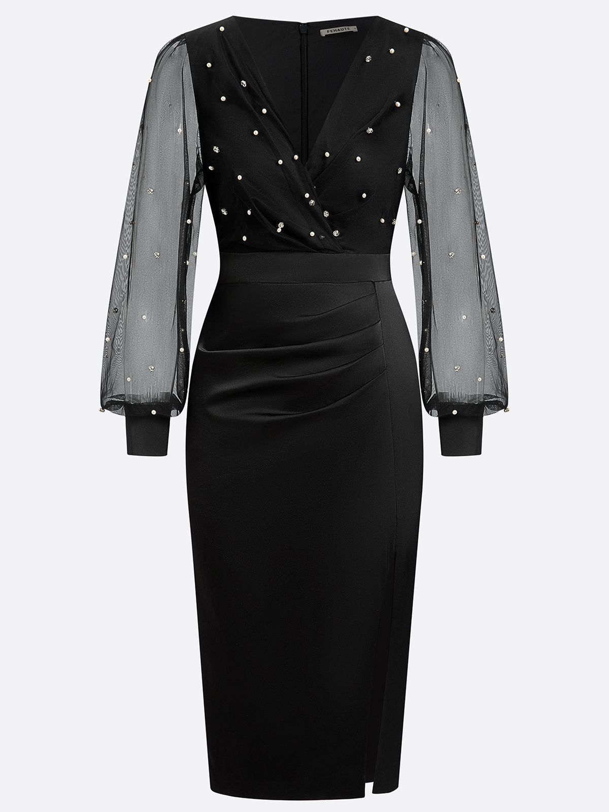 Black Beaded Slit Satin V Neck Long Sleeve Balloon Sleeve Sheath Midi Dress