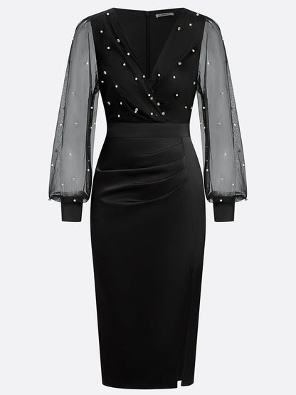 Black Beaded Slit Satin V Neck Long Sleeve Balloon Sleeve Sheath Midi Dress