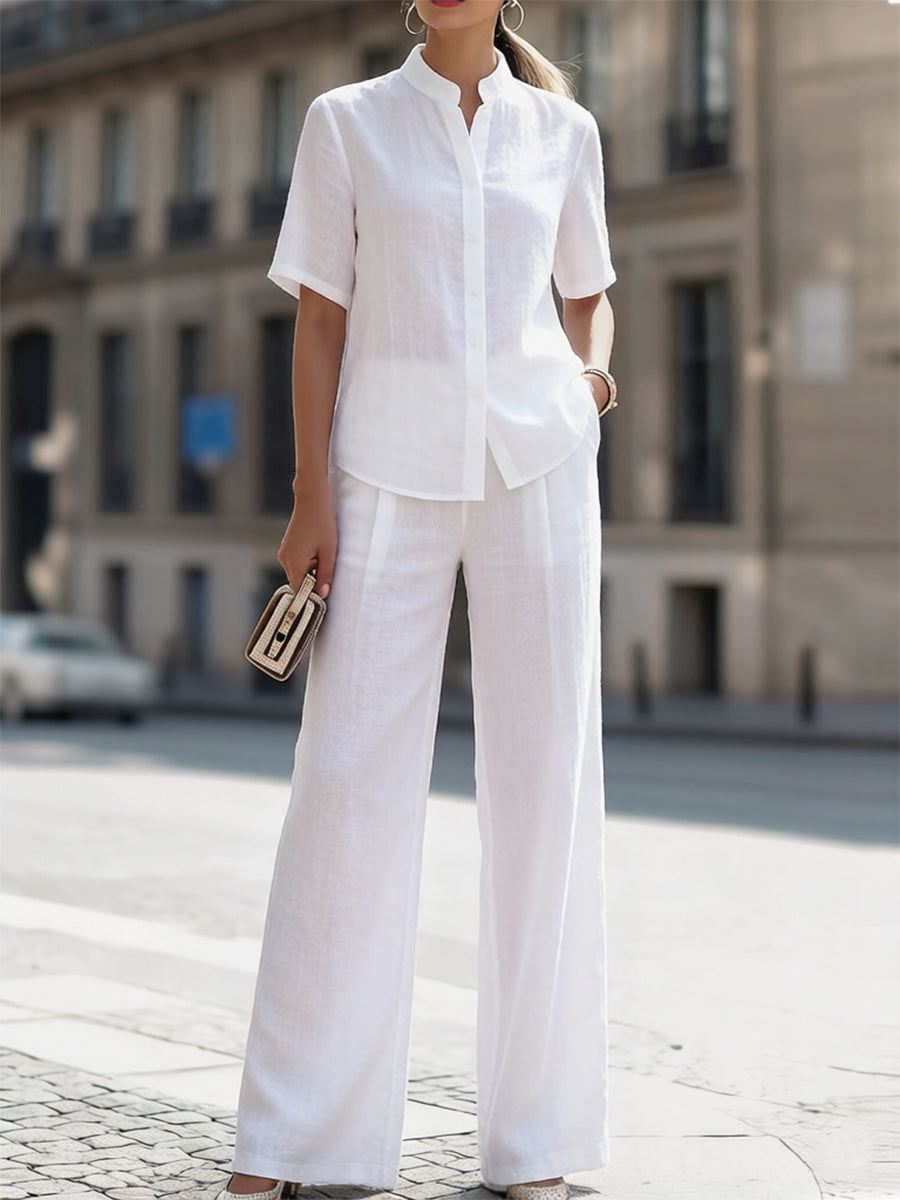 Stand Collar Short-Sleeve Shirt & High-Waisted Wide-Leg Pants Two-Piece Set