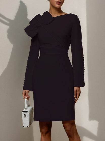 Cream White Bow Long Sleeve Sheath Midi Dress