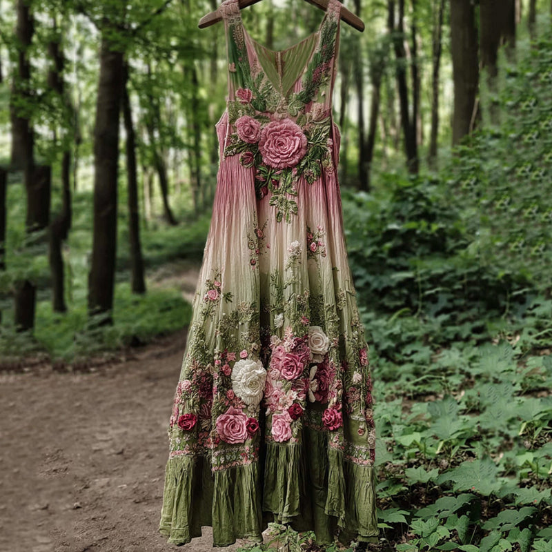 Vintage Classy Boho Gradient Pink Roses Embroidered Linen Maxi Dress 3fee