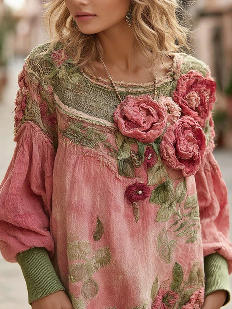 Women's Bohemian Floral Colorblock Casual Comfortable Crew Neck Sweatshirt