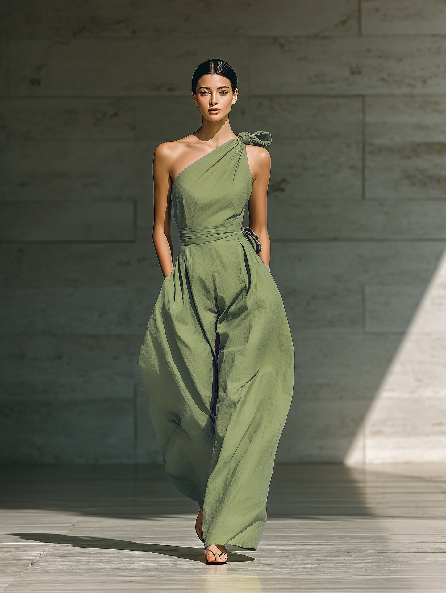 Women's Light Green Cotton And Linen Blend One-Shoulder Wide-Leg Jumpsuit With Tie Waist MDZ3136A8T