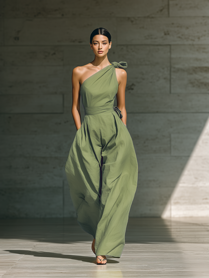 Women's Light Green Cotton And Linen Blend One-Shoulder Wide-Leg Jumpsuit With Tie Waist MDZ3136A8T