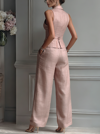 Women's Blush Pink Linen Fabric Sleeveless Vest & Wide-Leg Pants Two-Piece Set With Lapel Collar MDZ3005A5T