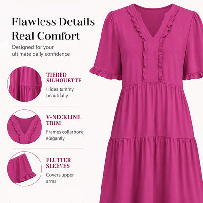 🔥🌈2026 Summer Hot Sale 49% OFF🌈Women's V Neck Ruffle Casual A-Line Flowy Swing Shift Dress