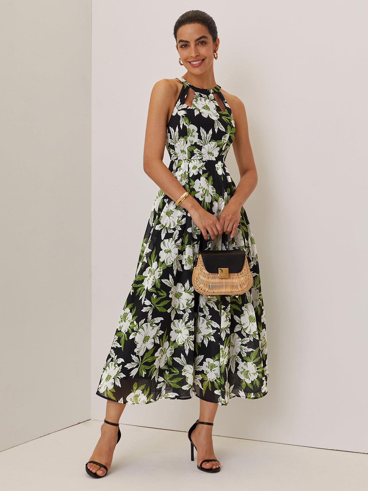 Green Floral Hollow Out Chiffon Halter Crew Neck Sleeveless A-Line Maxi Dress