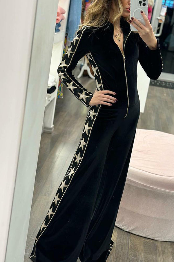 Long-sleeved velvet jumpsuit with zipper
