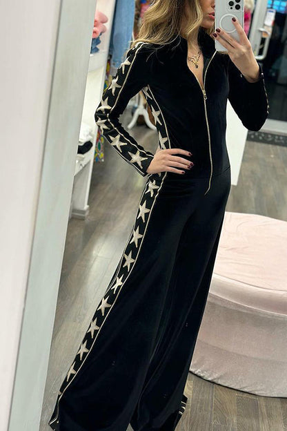 Long-sleeved velvet jumpsuit with zipper