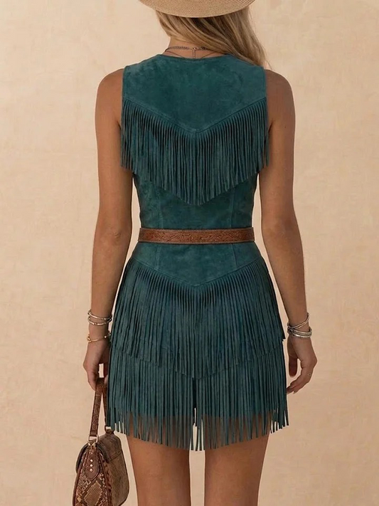 Faux Suede Fringe Mini Dress With Deep V-Neck And Zipper Closure