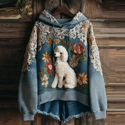 Lace Floral Art Dog Print Casual Hoodie