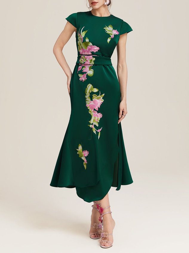 Dark Green Satin Floral Embroidery Cap Sleeve Slit A-Line Maxi Dress