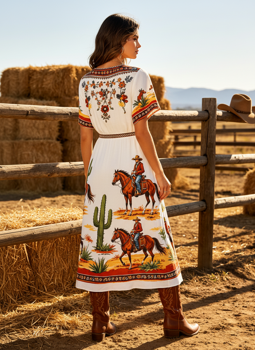 Women's Western Cowboy Printed Western Style V-Neck Midi Dress With Cowboy Pattern