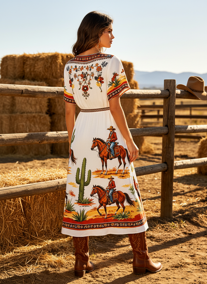 Women's Western Cowboy Printed Western Style V-Neck Midi Dress With Cowboy Pattern