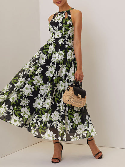 Green Floral Hollow Out Chiffon Halter Crew Neck Sleeveless A-Line Maxi Dress
