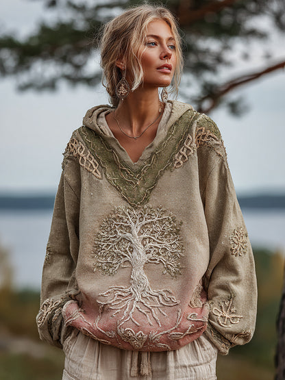 Women's Viking Tree Of Life Celtic Knot Gradient Art Cozy Warm V-neck Hoodie
