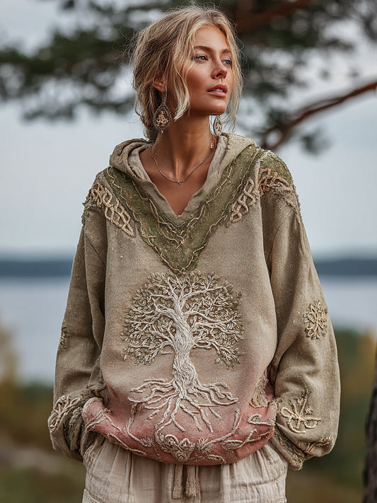 Women's Viking Tree Of Life Celtic Knot Gradient Art Cozy Warm V-neck Hoodie