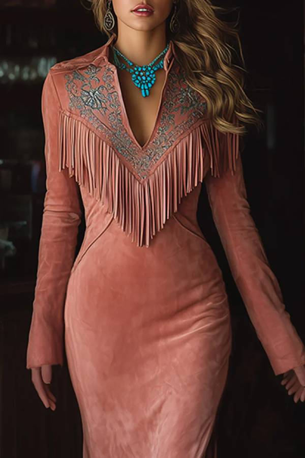 Vintage Western Tassel Embroidered Pink Faux Suede Maxi Dress