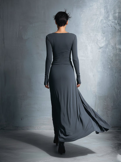 Women's Gray Exquisite Stretch Polyester-Cotton Blend Wrap Dress - Knotted Maxi Dress