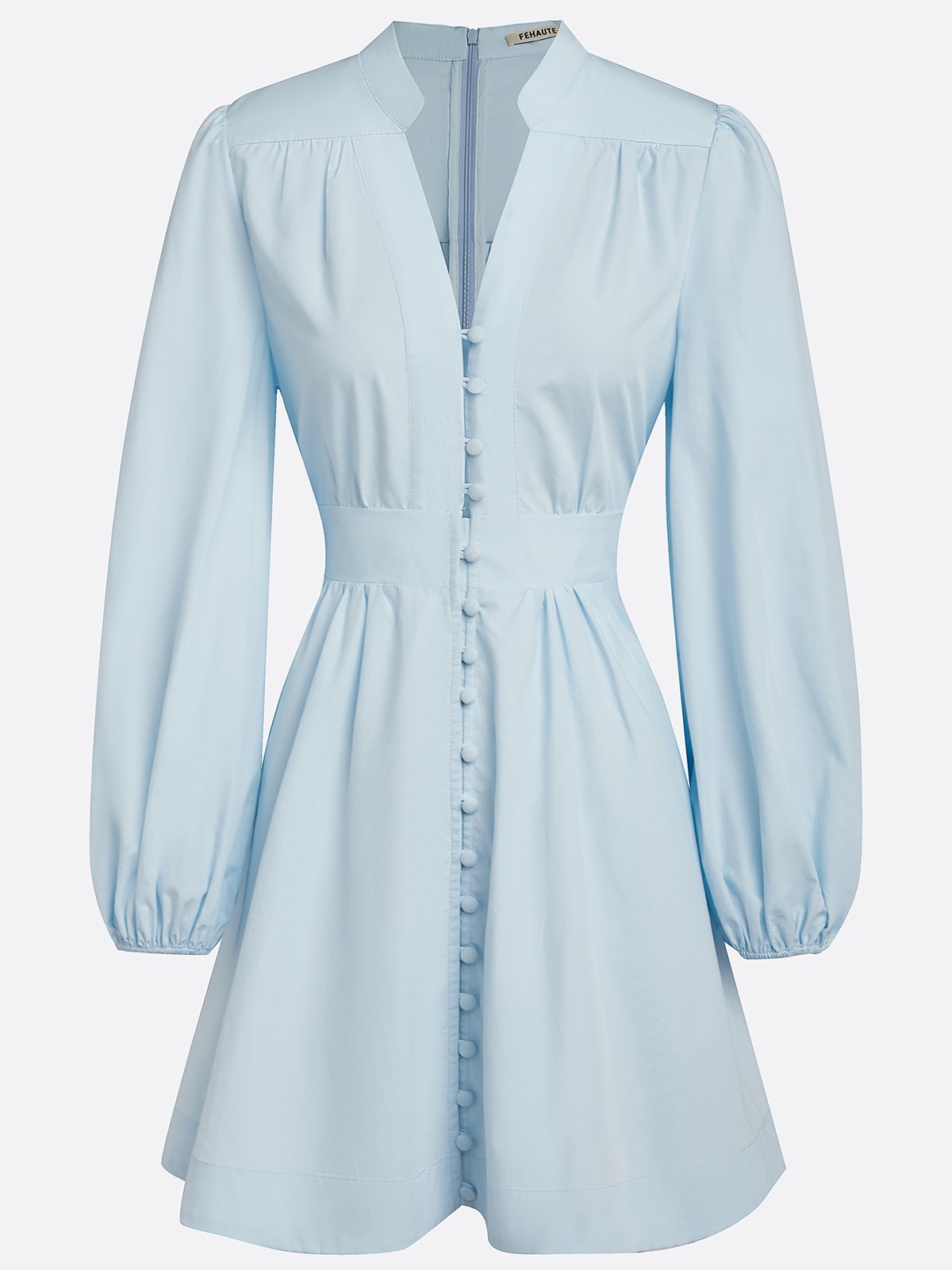 Light Blue Buckle Gathered Cotton V Neck Long Sleeve Balloon Sleeve A-Line Mini Dress
