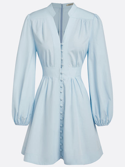 Light Blue Buckle Gathered Cotton V Neck Long Sleeve Balloon Sleeve A-Line Mini Dress