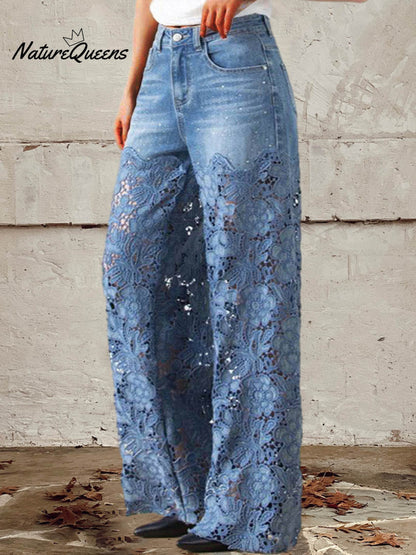 Women's Mid Waist Buttoned Lace Patchwork Jeans