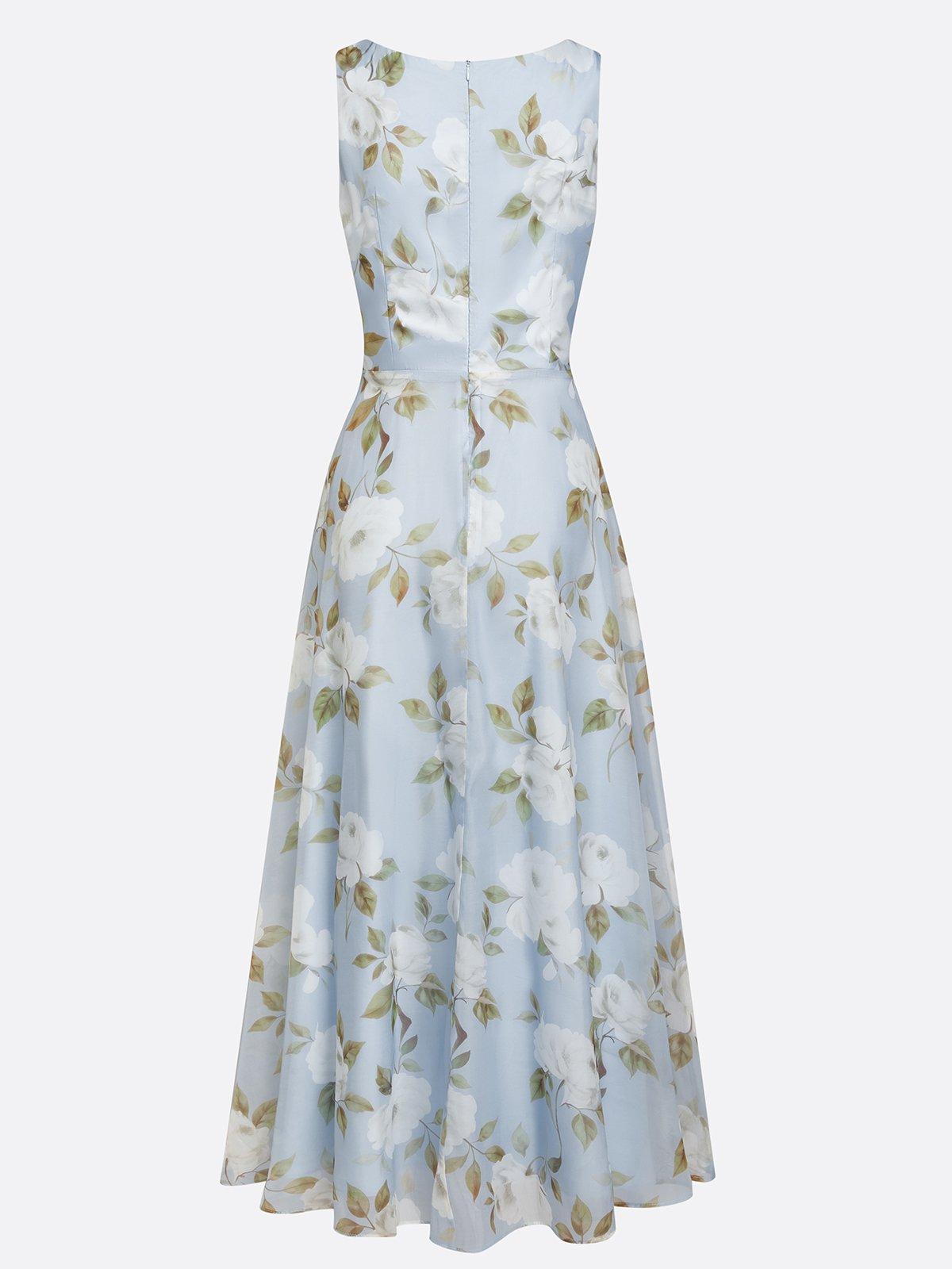 Light Blue 3D Floral Chiffon Boat Neck Sleeveless A-Line Midi Dress