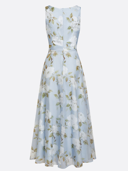 Light Blue 3D Floral Chiffon Boat Neck Sleeveless A-Line Midi Dress