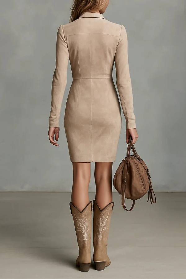 Beige Slim Suede Neck Floral Lapel Midi Dress