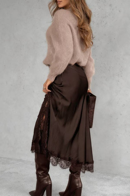 Hot Topic Chocolate Viscose Satin Midi Skirt with Lace