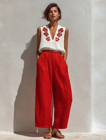 Women’s White Sleeveless Floral Embroidered Linen Top & Red High-Waisted Wide-Leg Pants Two-Piece Set MDZ2803D3T