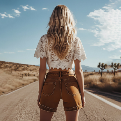 White Lace Top Vintage-inspired Versatile Western-style Brown Denim Shorts Ensemble